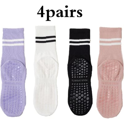 4 Paar Yogakousen Middellange Sokken Puur Katoen Antislip Siliconen Binnen Fitness Pilates Dames Sportsokken