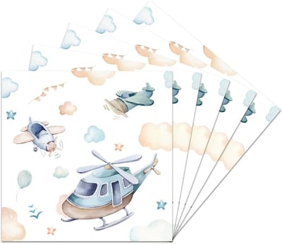Servetten met watercolor helikopter en vliegtuigmotief, pastelwolken design, 24 stuks, feestdecoratie voor kinderverjaardag en themafeest
