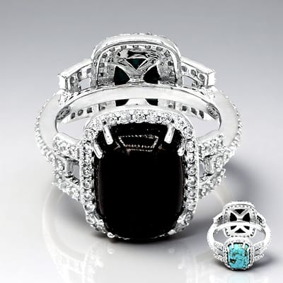 Cavill - Luxe Zilveren Ring 925 Sterling met 6,93 ct Zwarte Spinel en Turkoois - Antiek Cabochon - 108 Cambodjaanse Zirkon