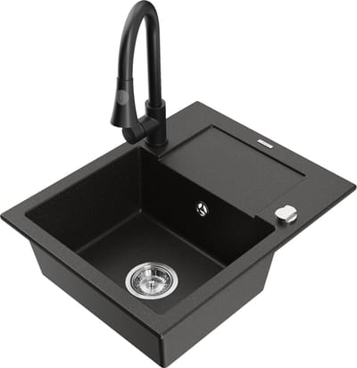Mexen Enzo granieten gootsteen 1-kompers met afdruiprek en keukenmengkraan Elia, zwart/goud metallic - 6506-75-670101-70