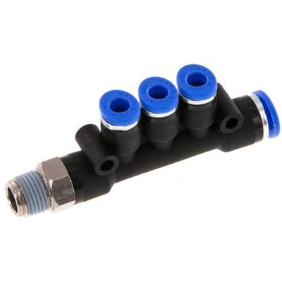 4mm x 6mm x R1/8'' 3-way Manifold Messing/PA 66 Insteekfitting Buitendraad Draaibaar NBR
