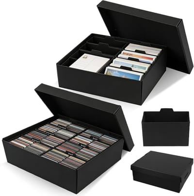 Set van 2 Fotoboxen met Deksel, 34 x 27 x 12 cm, Fotopakketten Organizer met 8 Compartimenten en Labels voor 10 x 15 cm Foto's, Ideaal voor Zaden, Knutselen en Stickers