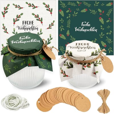 40 stuks yoghurtglazen, verpakking voor kerstpuddingcontainers, 15 x 15 cm verpakkingen en 20 m jute koord en 40 elastieken en 40 geschenkhangers