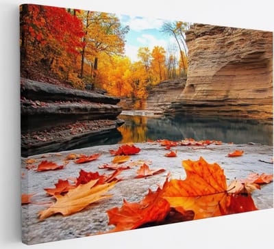 Saammp Canvas Schilderij - Rode Bladeren op steen - Natuur - Landschap - 30x20 - Foto op canvas - Wanddecoratie - Muurdecoratie Woonkamer - Slaapkamer decoratie - Canvas Print