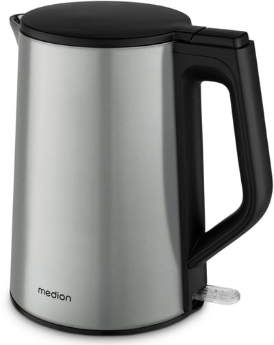 MEDION Waterkoker roestvrij staal (1,5 L, 2.200 W, 360° basis, warmhoudfunctie, LED-indicator, dubbelwandig, MD12105) zilver