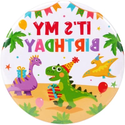 Verjaardagsbutton met Dinosaurus Thema, Schattige Cartoon Pin voor Jongens en Meisjes, Perfecte Badges voor Kinderfeestjes en Decoraties