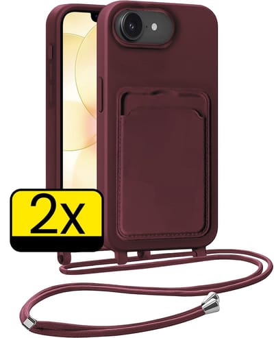 Hoesje Geschikt voor iPhone 17e Hoesje Met Koord Siliconen Case - Hoes Geschikt voor iPhone 17e Backcover Met Afneembaar Koord - Aubergine - 2 Stuks