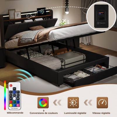 Tweepersoonsbed 140x190 cm – Opbergbed met Gasveer, 2 Lades, LED Verlichting & USB, Linnen Donkergrijs