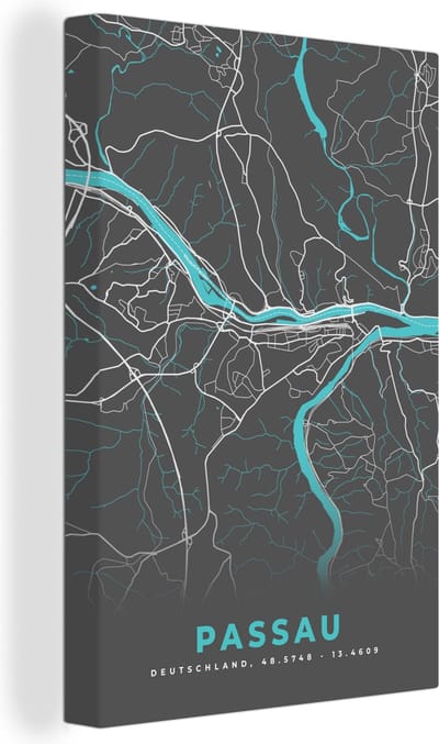 Canvas Schilderij Stadskaart – Passau – Duitsland – Plattegrond – Kaart - 20x30 cm - Wanddecoratie