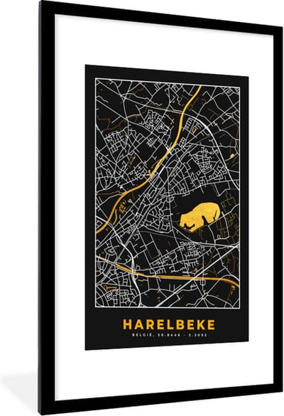 Fotolijst incl. Poster - Plattegrond - Goud - Harelbeke - Stadskaart - Kaart - 60x90 cm - Posterlijst