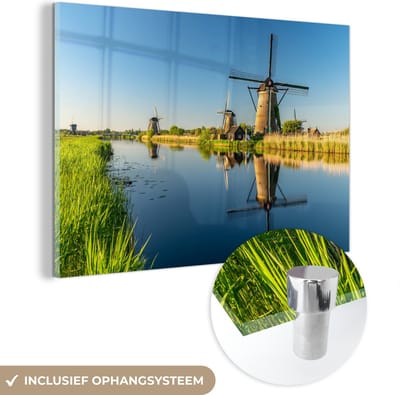 ® Glasschilderij 180x120 cm - Schilderij acrylglas - Molen - Water - Reflectie - Nederland - Foto op glas - Muurdecoratie woonkamer - Wanddecoratie slaapkamer - Schilderijen