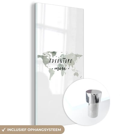 ® Glasschilderij 40x80 cm - Schilderij acrylglas - Wereldkaart - Grijs - Quotes - Foto op glas - Muurdecoratie woonkamer - Wanddecoratie slaapkamer - Schilderijen