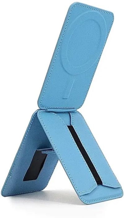 SBG MagSafe Telefoonkaarthouder met Elastische Band | Opvouwbare Verstelbare Telefoonstandaard | Pasjeshouder voor Smartphone | Magnetische Cardholder | PU Leer | Blauw
