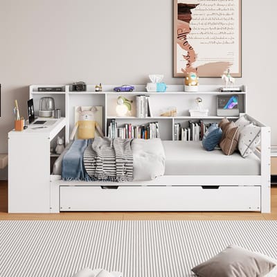 Slaapbank 90x200 cm - met bureau - boekenplank - opbergrek - met stopcontact - met uitschuifbaar bed - wit - zonder matras