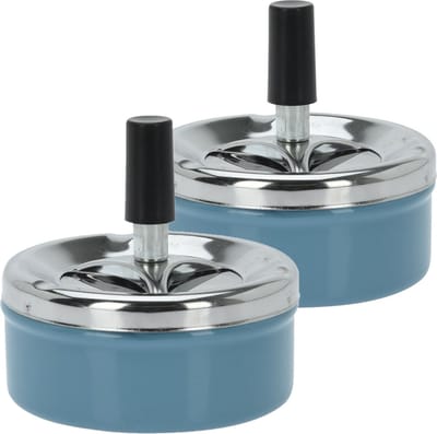 Set van 2x stuks druk en draai tafel asbak metaal blauw en chrome 9 x 5 cm