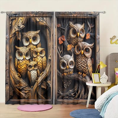 2 stuks Vintage Houtgesneden Uil Bedrukte Gordijn voor Huisdecoratie - Tunnel voor Roede Raambekleding voor Slaapkamer, Kantoor, Keuken 52.5cmX116cm X 2pcs gray