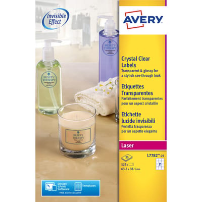 Avery transparante Crystal Clear etiketten ft 63,5 x 38,1 mm, 525 etiketten, 21 per blad