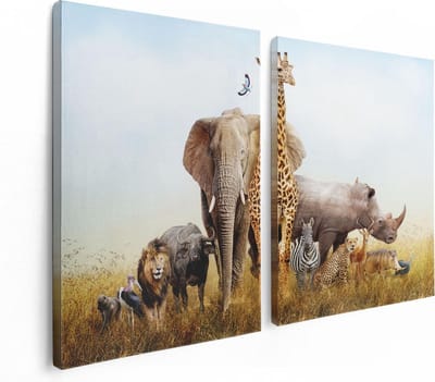 Artaza Canvas Schilderij Tweeluik Afrikaanse Dieren op het Gras - Afrika - 120x80 - Foto Op Canvas - Canvas Print