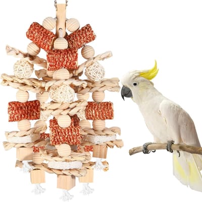 Natuurlijke maïskolf & luffa-plakjes vogelkauwspeelgoed - groot vogelpapegaaienspeelgoed voor Afrikaans grijs, ara's, kaketoes, Amazone en andere middelgrote papegaai-Van hout