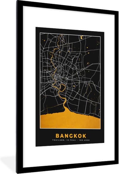 Fotolijst incl. Poster - Bangkok - Goud - Plattegrond - Stadskaart - Kaart - 60x90 cm - Posterlijst