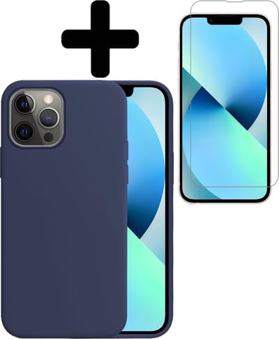 Hoesje - Met Screenprotector - Geschikt voor Apple iPhone 13 Pro - Sterk & Shockproof - Telefoon Hoes - Back Cover - Siliconen Case - Telefoonhoes - Donkerblauw