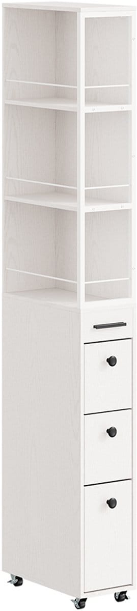 SoBuy L-vormige smalle ladekast - Cream White - met wielen - 4 laden - 3 open vakken | NSR13-WG