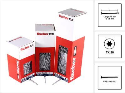 Fischer 500x Power-Fast II FPF II CTP 4,5 x 45 mm BC Verzonken kop met binnenster TX20 Deeldraad galvanisch verzinkt blauw gepassiveerd - 670271