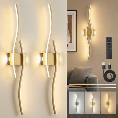 Rosnek 2 Stuks Draadloze Wandlamp Oplaadbaar – Instelbare Kleurtemperatuur & Helderheid, Afstandsbediening met USB-C - 15-55 uur Werking – Moderne LED Muurlamp met Dubbele Zijverlichting, Timer en Touch Bediening – Goud Aluminium Design - Model A