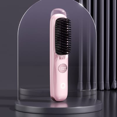Draadloze stijlborstel - Draagbare stijlborstel voor op reis, Mini hete stijlborstel voor vrouwen, Keramische coating, Lichtgewicht en gemakkelijk te retoucheren, Anti-verbranding (roze)