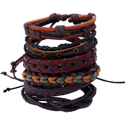 6 Pièces Bracelet en Cuir DIY Tressé à la Main Vintage Multi-Couches Enroulé pour Homme Femme black