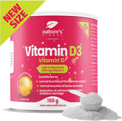 Nature's Finest Vitamine D3 + C Poeder 150g – Hoge Dosis Vitamine D3 1000 IU & Vitamine C 1000mg - Immuunsysteem Ondersteuning - Tegen Vermoeidheid - Zonder Suiker - Vegan