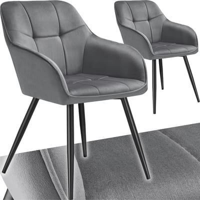 tectake® Eetkamerstoelen Marilyn - Set van 2 - Gestoffeerde Stoel in Fluweellook - Stikpatroon - Zwarte Stoelpoten - Ergonomische Keukenstoel - Doorlopende Rugleuning en Armleuningen - Stoel voor Woonkamer, Eetkamer, Slaapkamer - Grijs