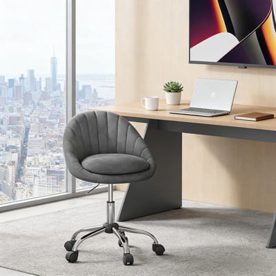 OKWISH Bureaustoel – Ergonomisch Met Verstelbare Zitting En 360° Draaibaar – Voor Thuiswerk En Make-uphoek – Fluweel – Donkergrijs