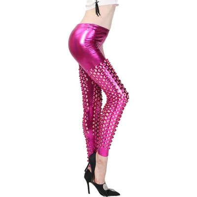 Dames Skinny Broek Holle Visschub Glanzend Metallic Effen Kleur Elastische Taille Dames Rekband Podium Performance Broek Disco One Size rozerode kleur