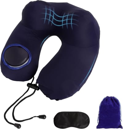 Thijox - Opblaasbaar Nekkussen voor Vliegtuig, Ergonomisch Reiscomfort met Handpomp, Verstelbaar en Inclusief Oogmasker - Marineblauw, Ideaal voor Kan