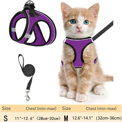 Katten Tuigje en Lijn voor Wandelen Ontsnappingsbestendig, Verstelbaar Kitten Vest Tuigje Reflecterend Zacht Gaas Puppy Tuigje voor Buiten, C (PURPLE,M) paars