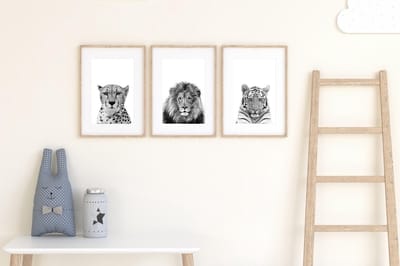 Zwart/wit dieren posters - 3 stuks - 30x40 cm - Cheetah, leeuw & tijger