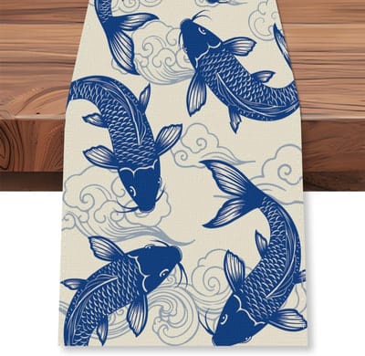Vintage vis tafelloper, 30 x 183 cm traditionele oosterse karpers keuken eettafel decoratie rustieke boerderij tafelloper voor thuis keuken vakantie feest rustieke cabine binnen buiten