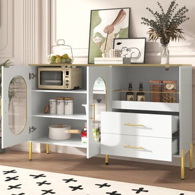 MODENUIT Dressoir - 2 Laden En 2 Glazen Deuren - Voor Woonkamer En Hal - MDF Wit Met Metaal - 140x38x90 Cm