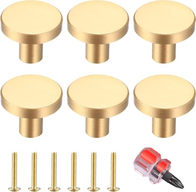 Ronde Kastknoppen Set van 6, Gouden Messing Ladeknoppen, Deurklinken voor Keuken en Kasten, Inclusief Schroeven en Schroevendraaier