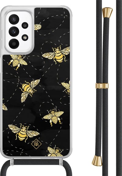 Casimoda® hoesje met zwart koord - Geschikt voor Samsung A23 - Bee Happy - Afneembaar koord - TPU/acryl - Zwart