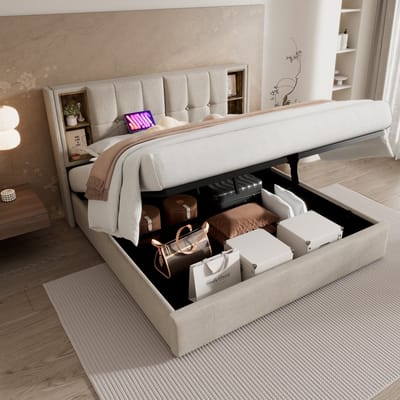 Gestoffeerd bed 160x200 cm met draadloos opladen USB-C - met opbergruimte - houten lattenbodem - natuurtint - zonder matras