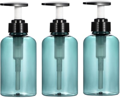 Navulbare Kunststof Shampoo- en Conditionerdispenser - 3 stuks - 11,2 × 6,5 × 14,8 cm - Draagbare Zeepdispenser voor Badkamer Keuken en Reizen - Moderne Lotionpomp met Transparante Blauwe Afwerking