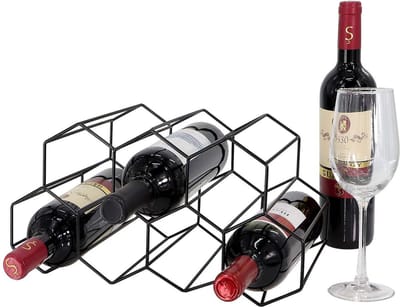 SMH LINE® Hexagon Wijnrek - 9 Flessen - Drankkast - Wijnrekken - Wijnrek staand - Wijnrek Metaal 19x34x18 cm (lxbxh) - Zwart