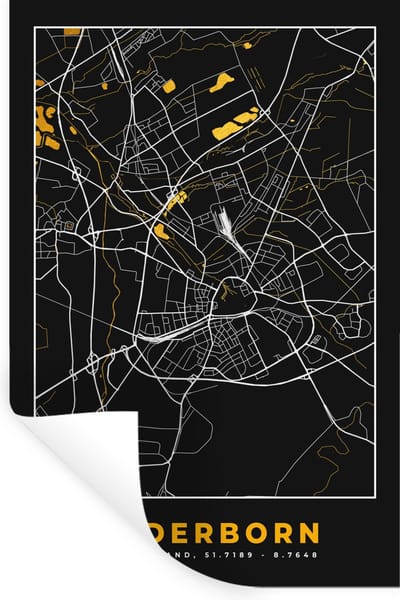 Muurstickers - Sticker Folie - Black and Gold – Stadskaart – Paderborn – Duitsland – Plattegrond – Kaart - 20x30 cm - Plakfolie - Muurstickers Kinderkamer - Zelfklevend Behang - Zelfklevend behangpapier - Stickerfolie