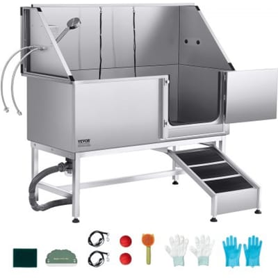 VEVOR Hondenwasstation van roestvrij staal, 1500x700x1495 mm, trimbad voor huisdieren met oprit, PE-waterfilterplaat, kraan, douchekop en zeephouder, voor grote, middelgrote en kleine huisdieren (rechterdeur)