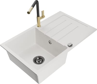 Mexen Bruno granieten gootsteen 1-kamer met afdruiprek en keukenkraan Flora, wit - 6513-20-670401-57-B