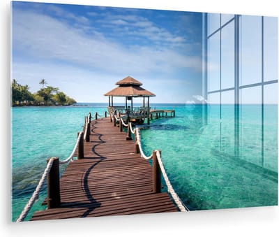 MuchoWow® Glasschilderij 150x100 cm - Schilderij acrylglas - Zee - Pier - Bar - Foto op glas - Muurdecoratie woonkamer - Wanddecoratie slaapkamer - Schilderijen