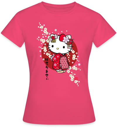 Hello Kitty In Een Rode Kimono En Kersenbloesems T-Shirt Dames