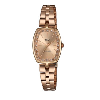 Q&Q QC13J002Y - Horloge - Analoog - Dames - Vrouwen - Stalen band - Ovaal - Metaal - Streepjes - Cijfers - Rosékleurig - Briljanten